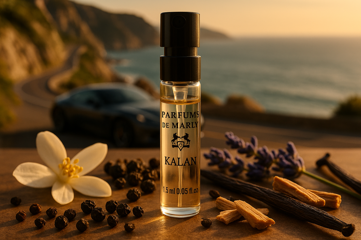 Parfums De Marly Kalan official scent sample 1.5ml 0.05 fl. o.z. perfume tester, at the background is luxury car on the sea coast, sample is surrounded by fragrance notes of Kalan fragrance