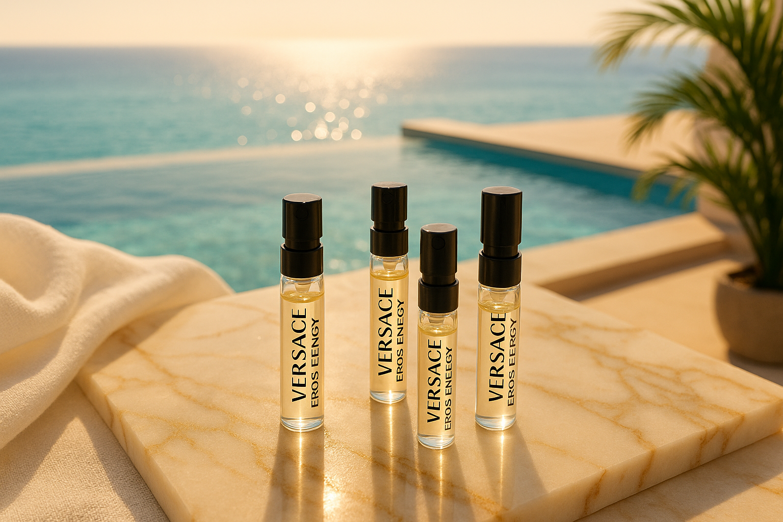 Versace Eros Energy perfume samples, background stylish seaview with pool