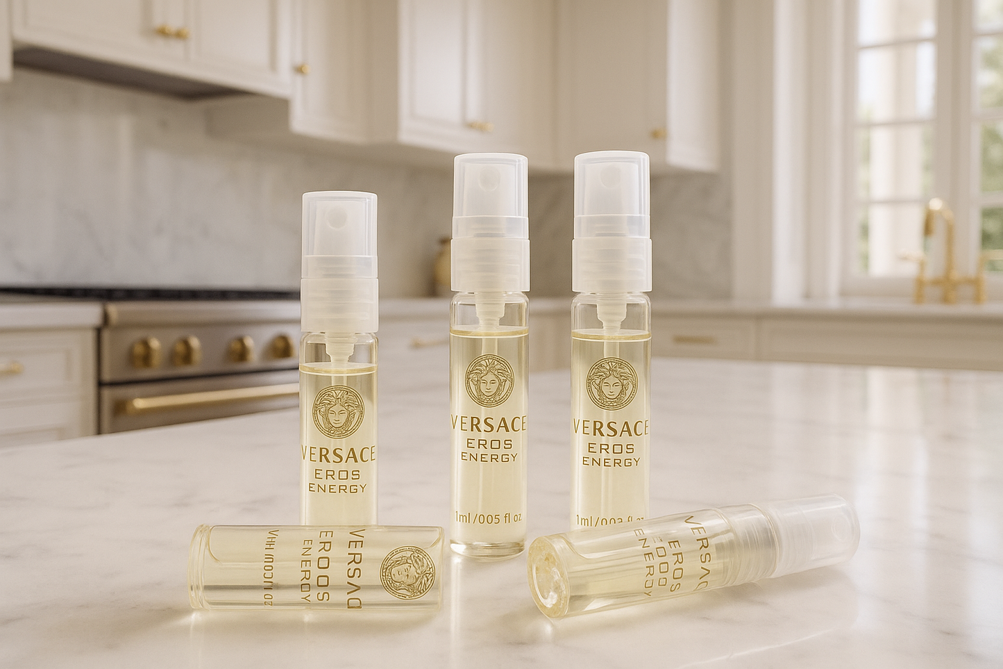 Versace Eros Energy perfume samples in super luxury white italian style kitchen