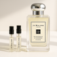 Jo Malone Silver Birch & Lavender Cologne perfume samples 1ml standing next to Jo Malone Silver Birch 100ml fragrance