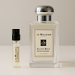 Jo Malone Silver Birch & Lavender Cologne perfume samples, 2ml perfume sample standing next to 100ml Jo Malone Silver Birch & Lavender fragrance