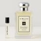 Jo Malone Silver Birch & Lavender Cologne perfume samples, 6ml fragrance sample standing next to 100ml full sized Jo Malone Silver Birch & Lavender Cologne perfume bottle